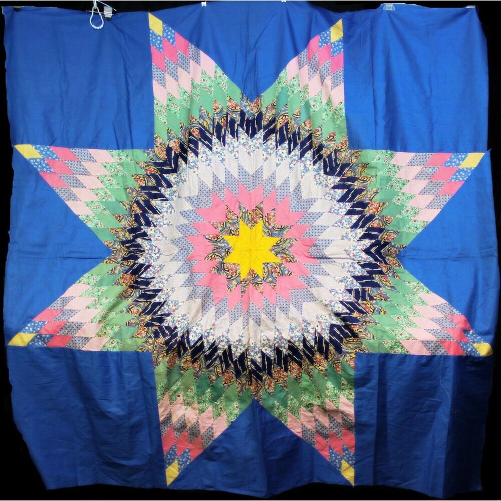 73"x71" Quilt Topper Blue Cross Stitch Patchwork Star Sun Summer